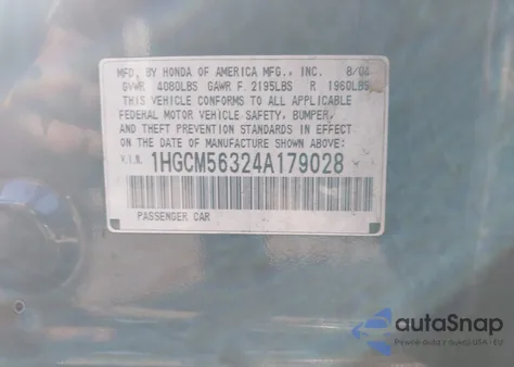 2004 Honda Accord 2.4 Lx z USA, uszkodzony, nr VIN 1HGCM56324A179028